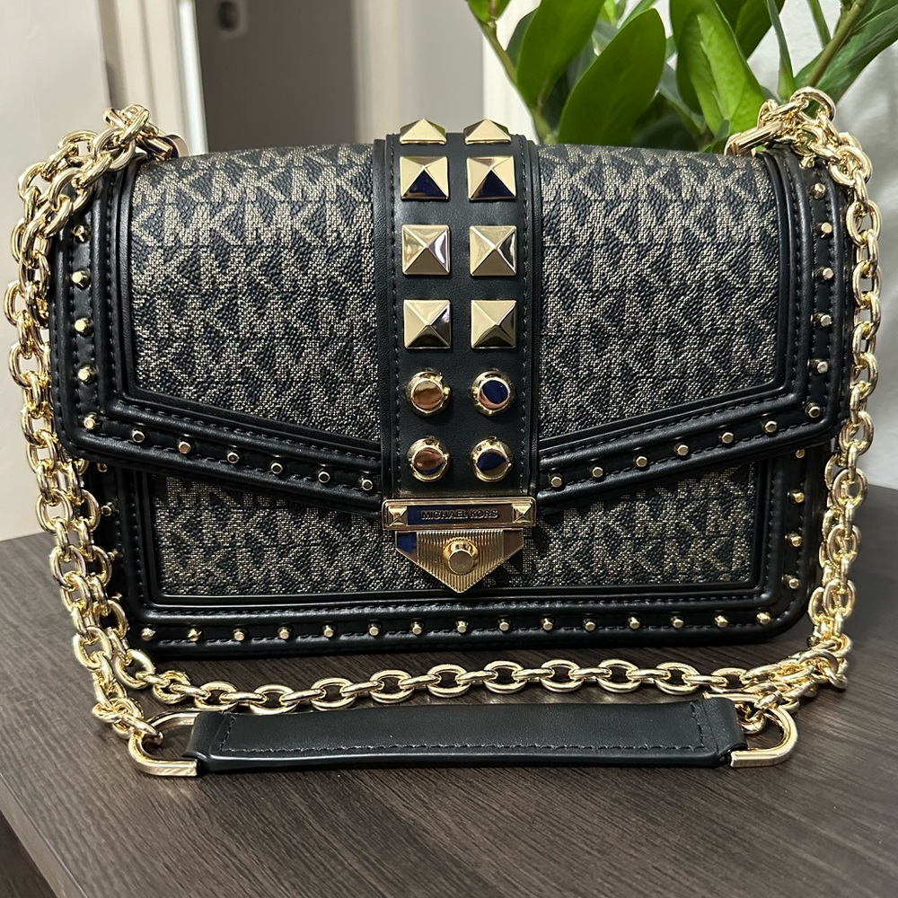 MK Soho Large Studded Metallic Logo Shoulder Bag